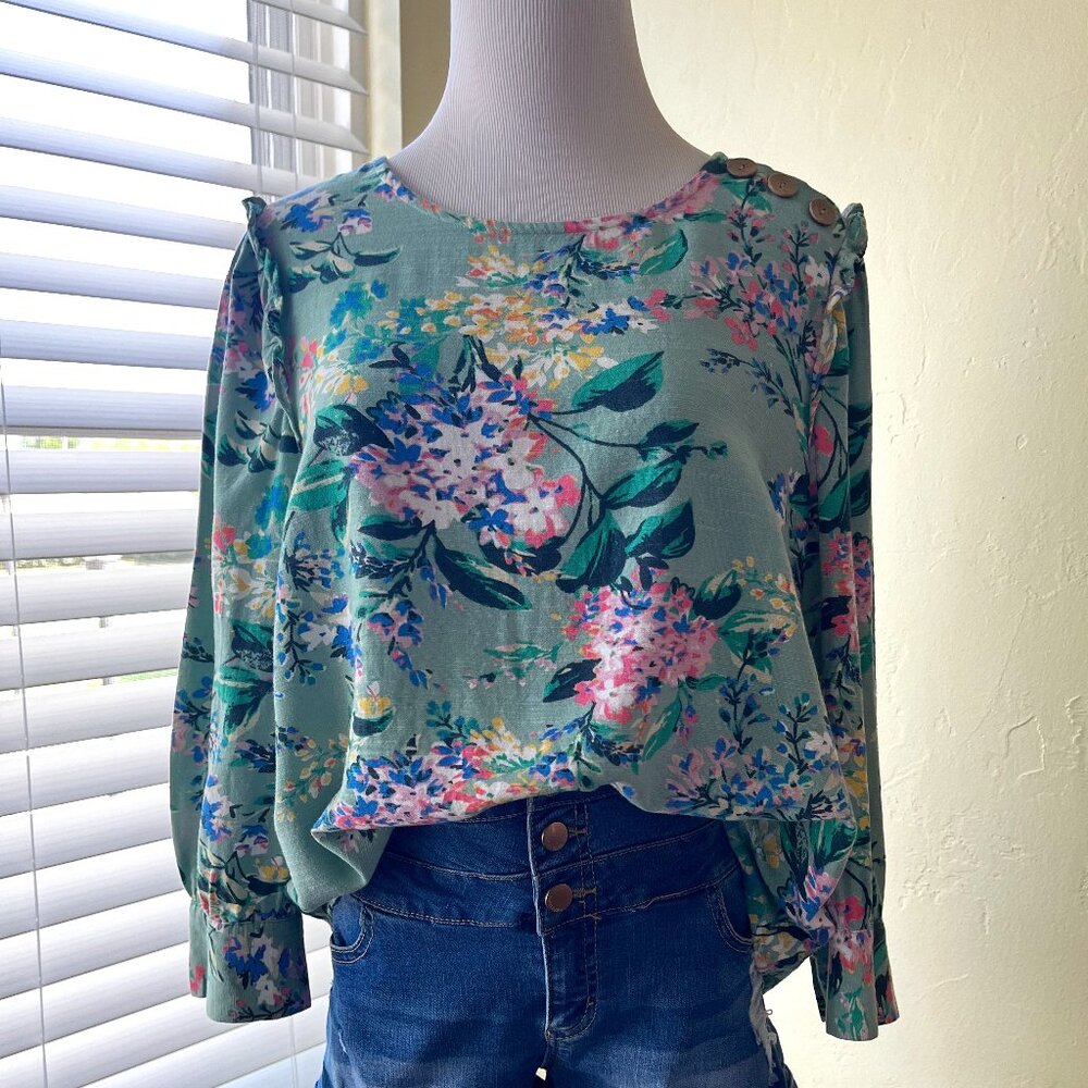 Womens Floral Lauren Conrad Blouse w/ Ruffle Trim Size M